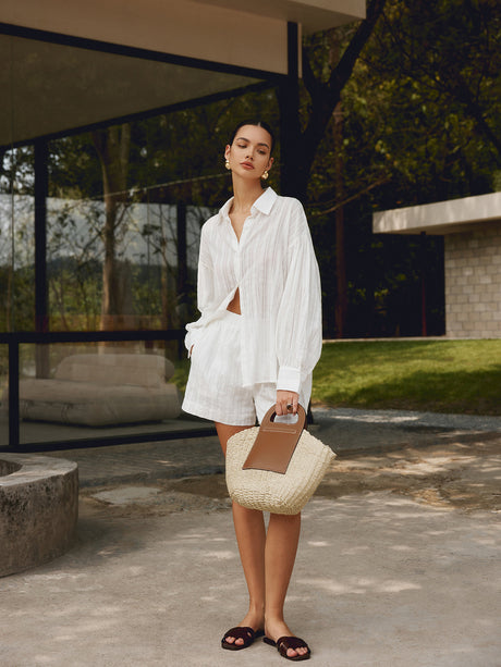 Woven Straw Beach Bag  Natural Fiber with Leather Handle - Product detail 5