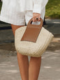 Natural Straw Tote Bag  Brown Leather Handle Design - Product showcase