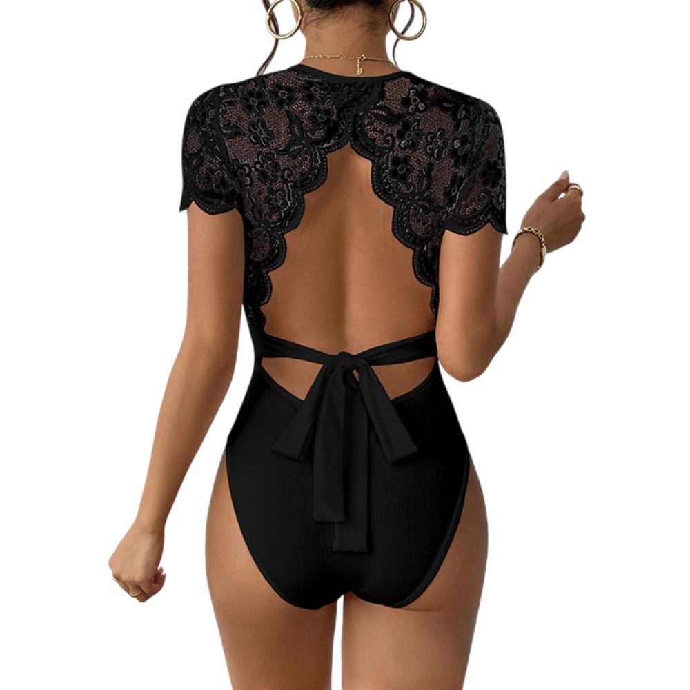 Elegant Lace Bodysuit  Short Sleeve Backless Design - Product detail 4