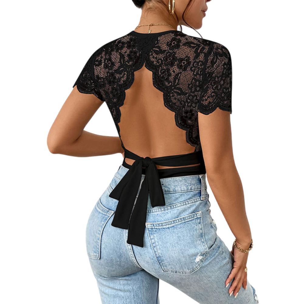 Elegant Lace Bodysuit  Short Sleeve Backless Design - Product detail 5