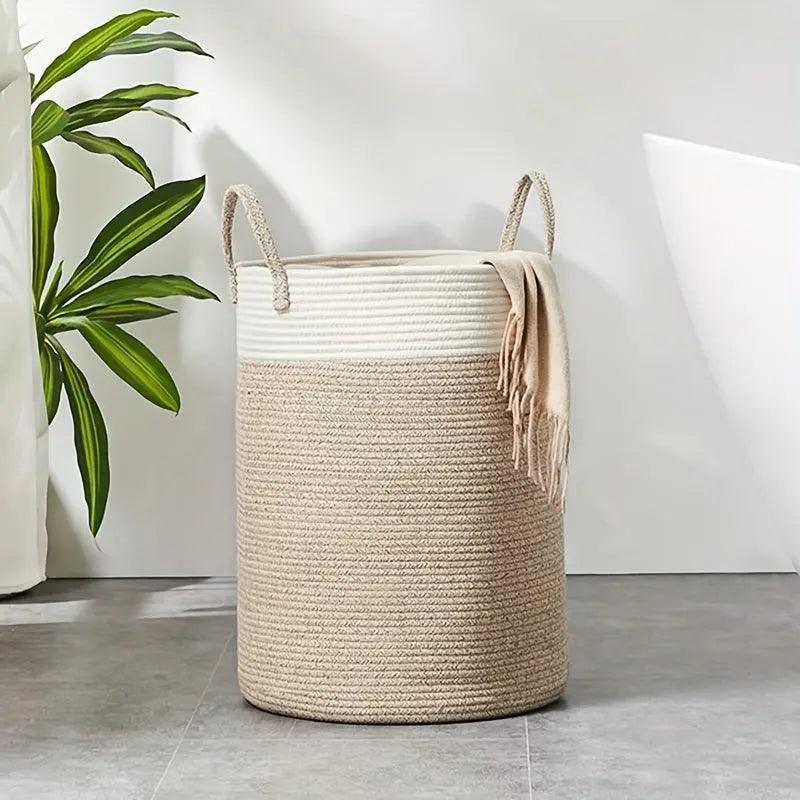 Cotton Rope Storage Basket  Natural Two-Tone Woven Design - Detailed view
