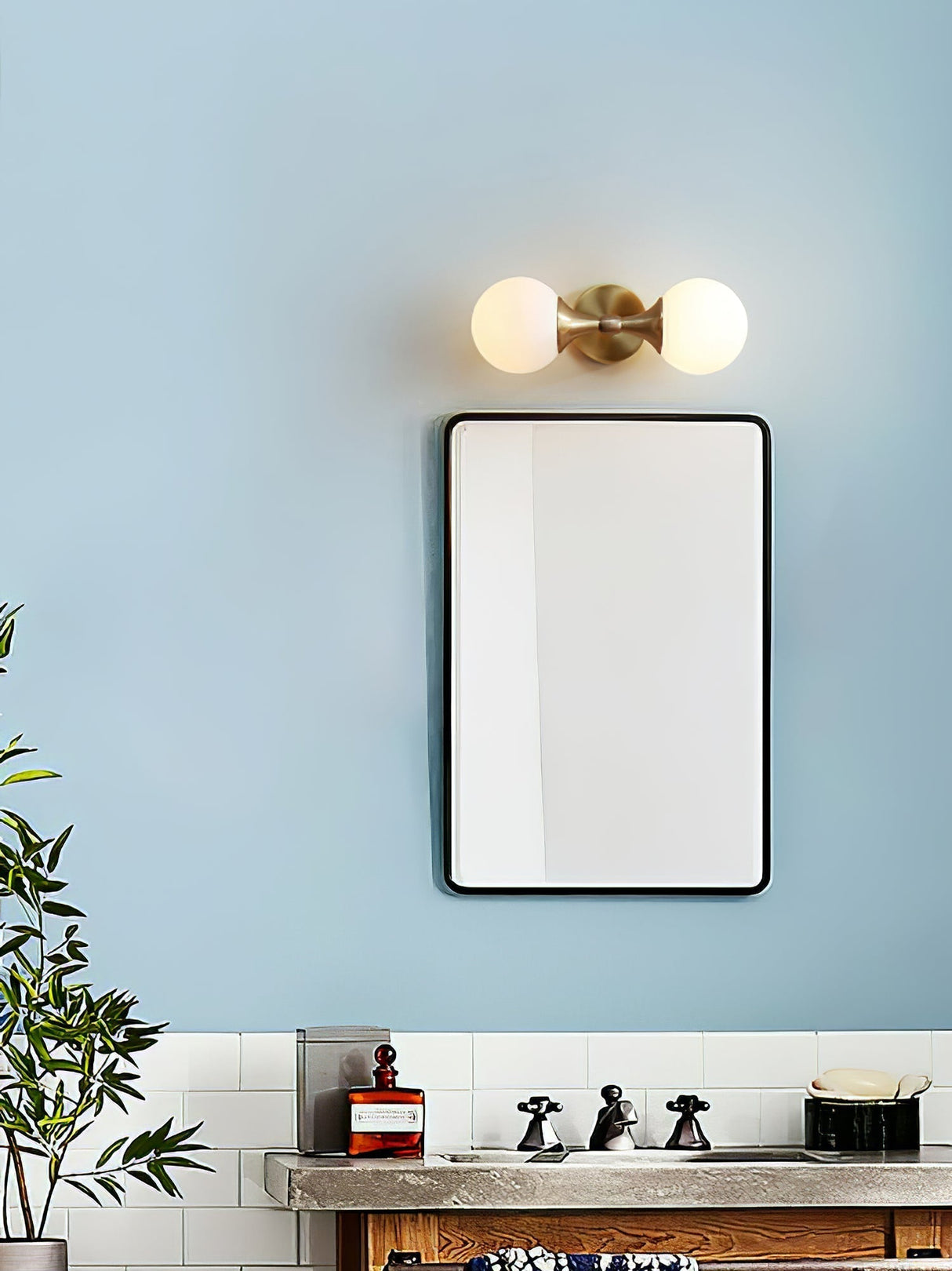 Modern Dual Globe Wall Light  Brass Metal Frame - Detailed view