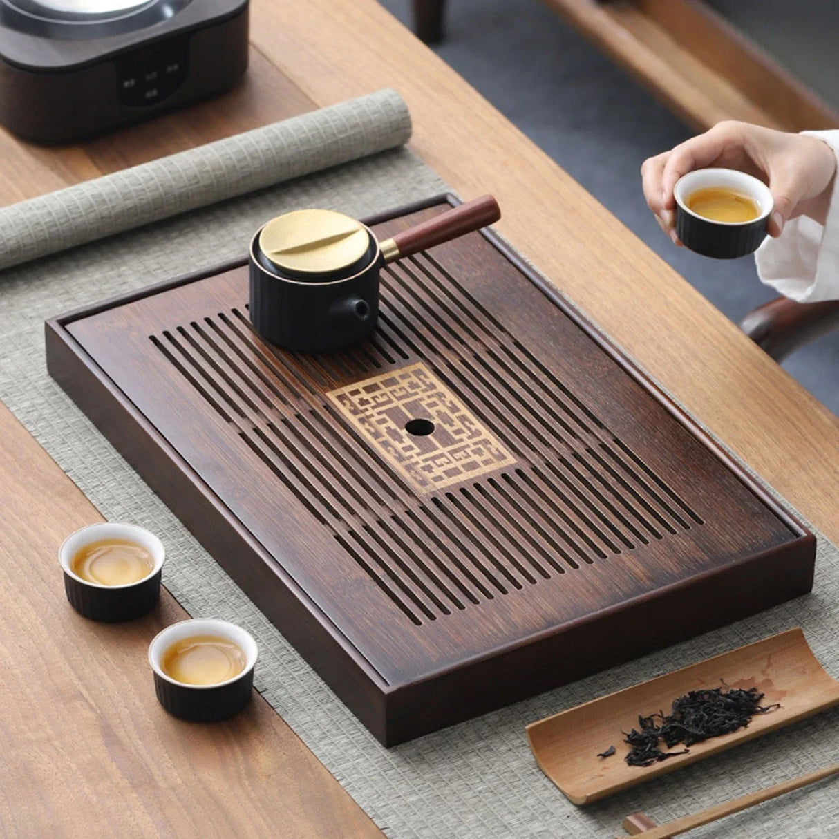 Bamboo Tea Tray  Dark Wood Drainage Design - Detailed view