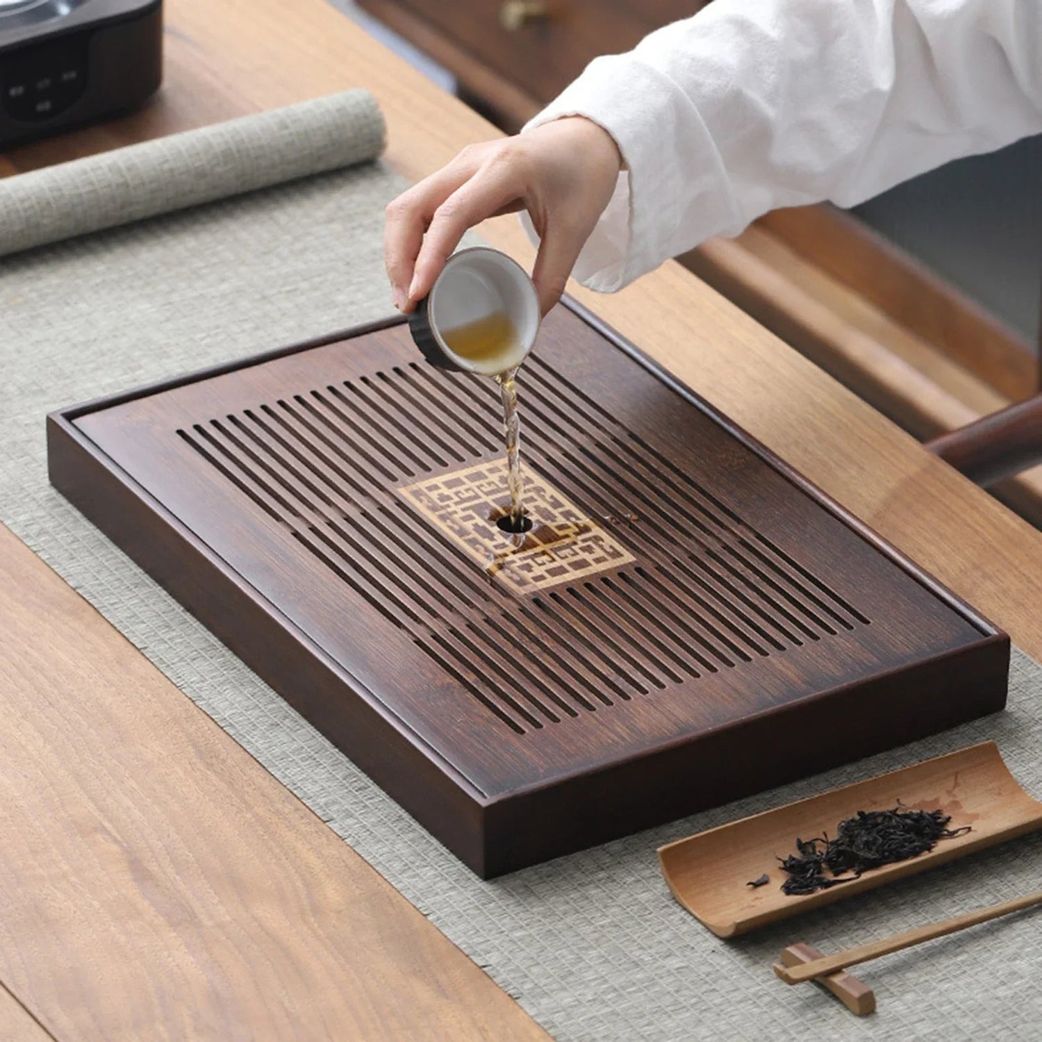 Bamboo Tea Tray  Dark Wood Drainage Design - Product example