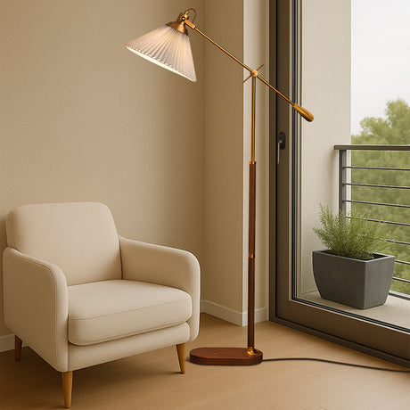 Adjustable Floor Lamp  Brass Wood Base with Pleated Shade - Detailed view