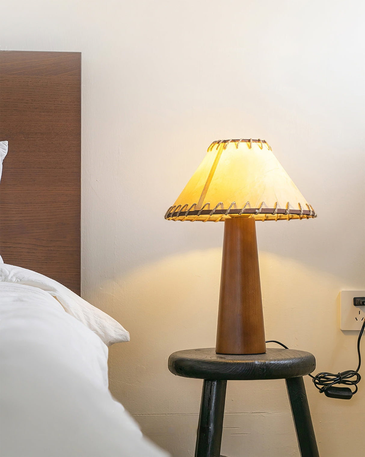 Mid-Century Table Lamp  Solid Wood Base With Stitched Shade - Product example