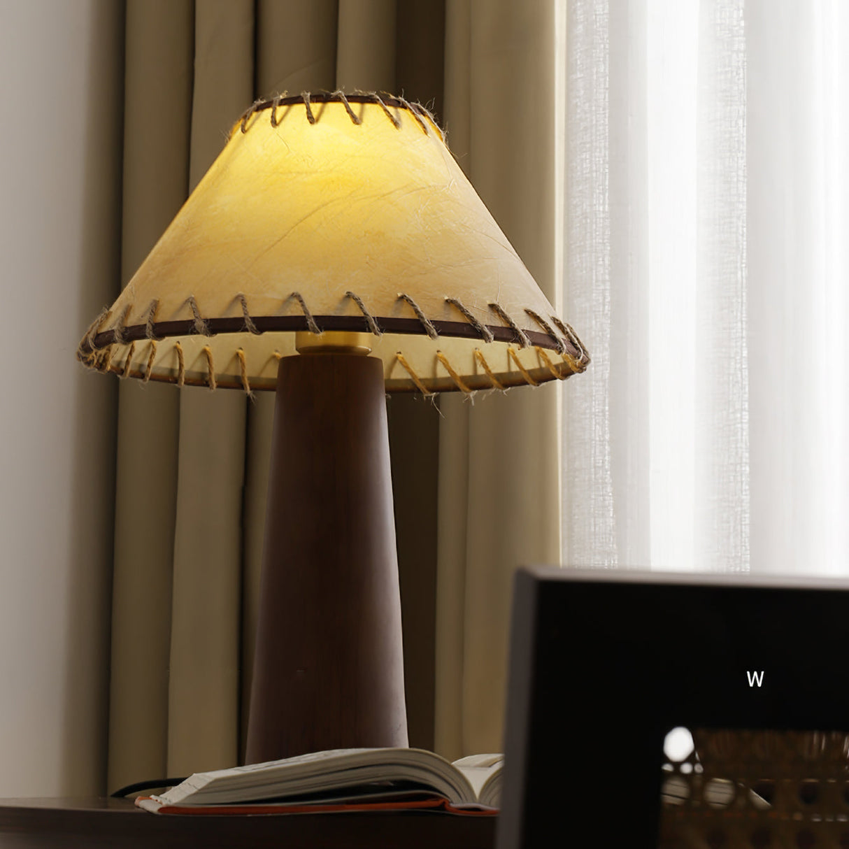 Mid-Century Table Lamp  Solid Wood Base With Stitched Shade - Product detail 11