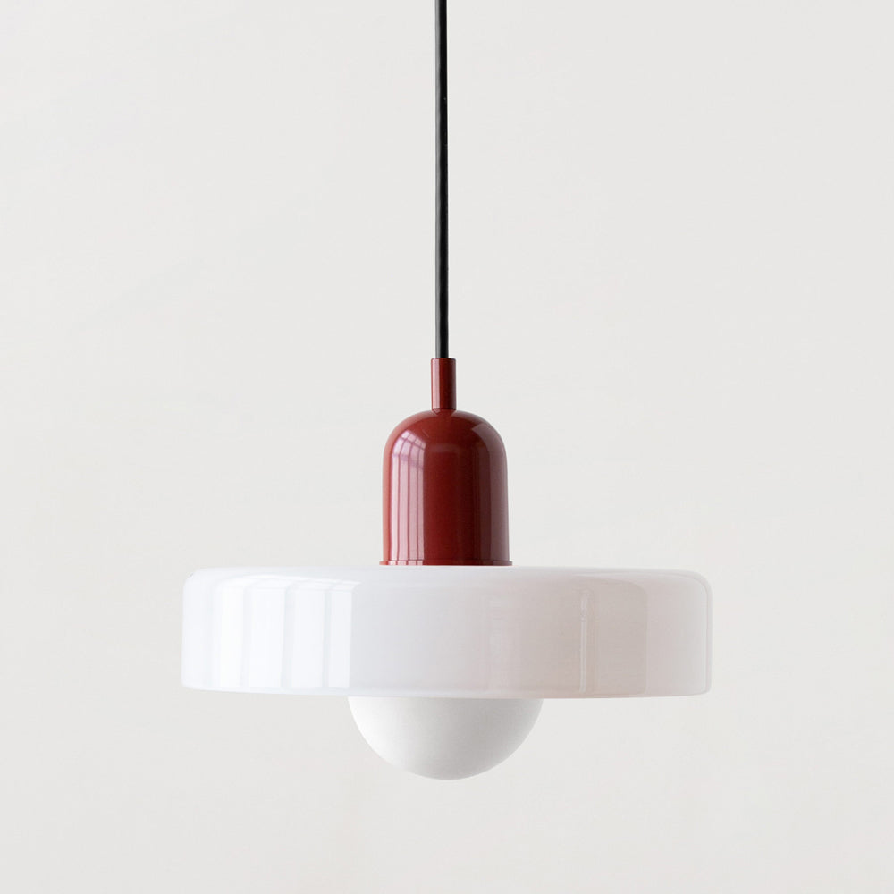 Modern Pendant Light  White Glass Disc with Red Accent - Product showcase