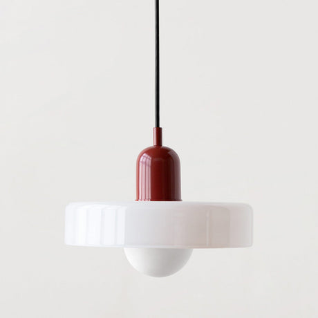 Modern Pendant Light  White Glass Disc with Red Accent - Product showcase