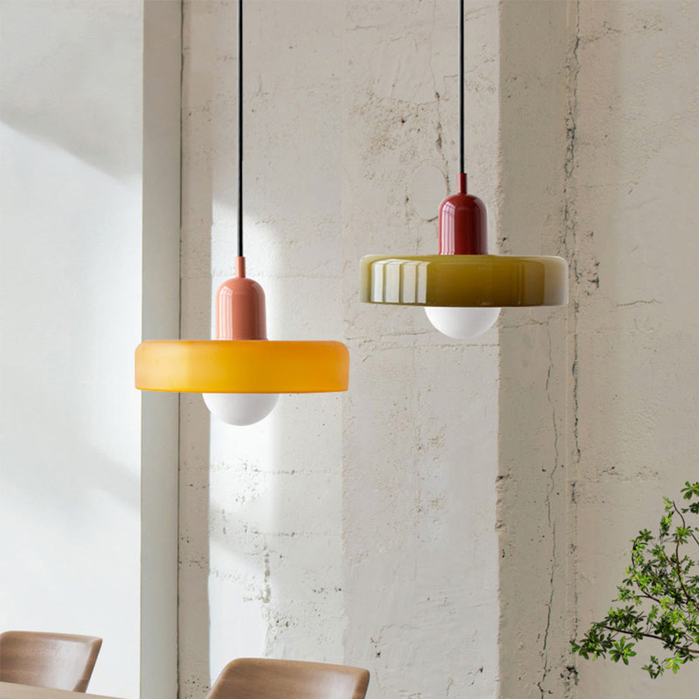 Modern Pendant Light  White Glass Disc with Red Accent - Detailed view
