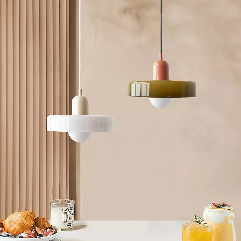 Modern Pendant Light  White Glass Disc with Red Accent - Product example