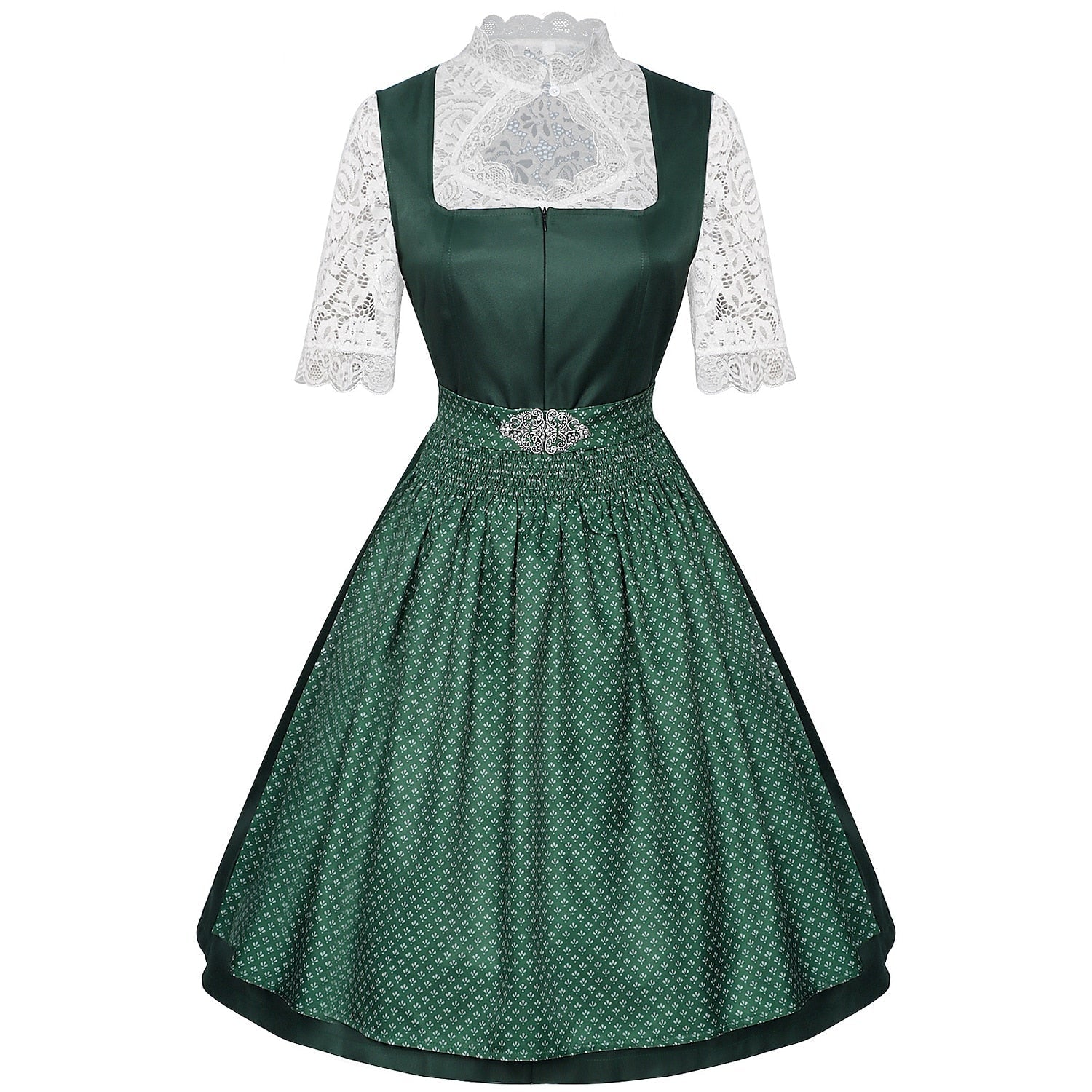 Traditional Dirndl Dress  Emerald Green With Lace Blouse  Apron - Detailed view