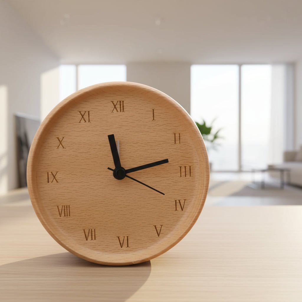 Wooden Desk Clock  Roman Numerals Beech Wood Design - Product showcase