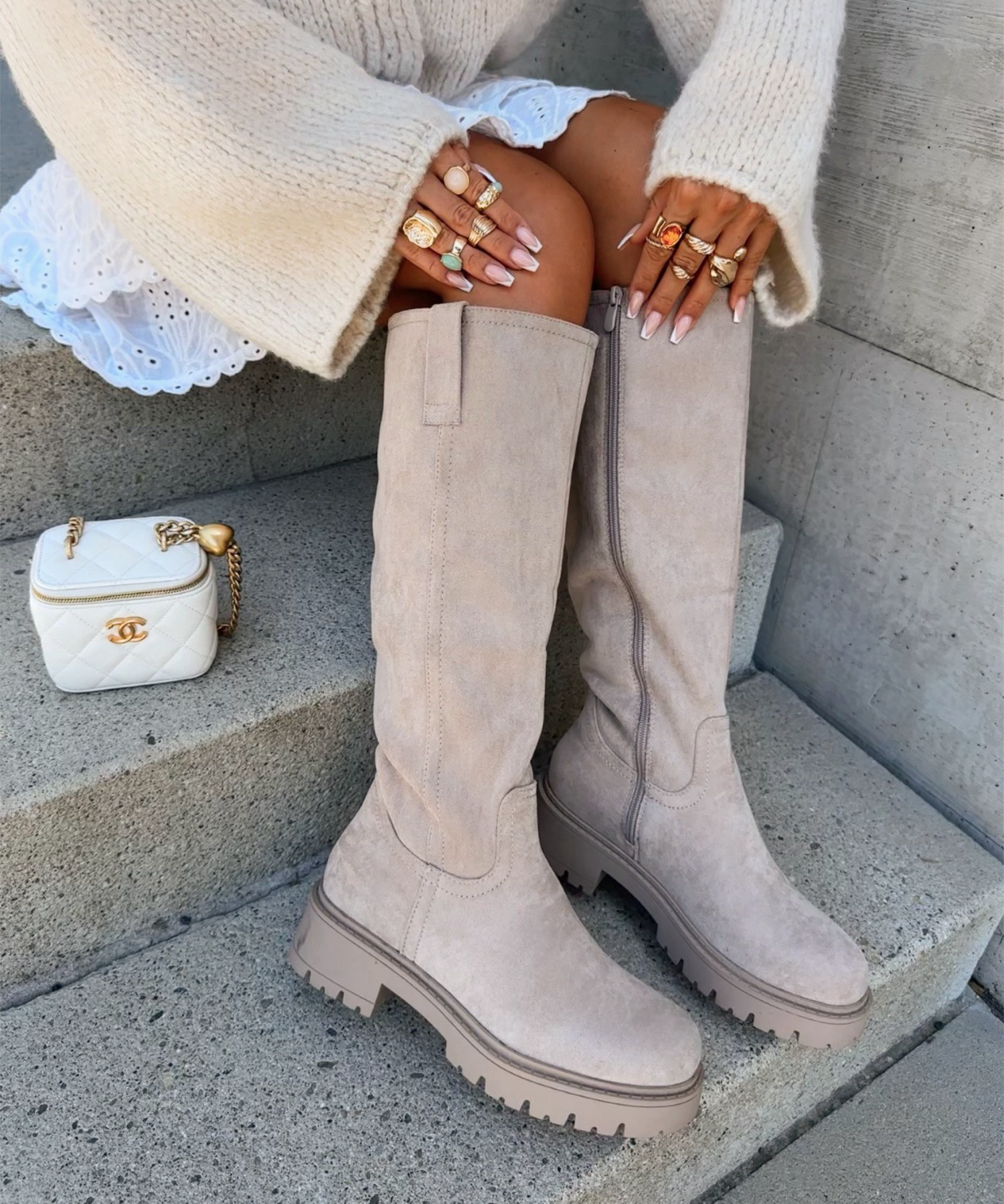 Womens Knee High Boots  Beige Suede Platform Combat Style - Product showcase