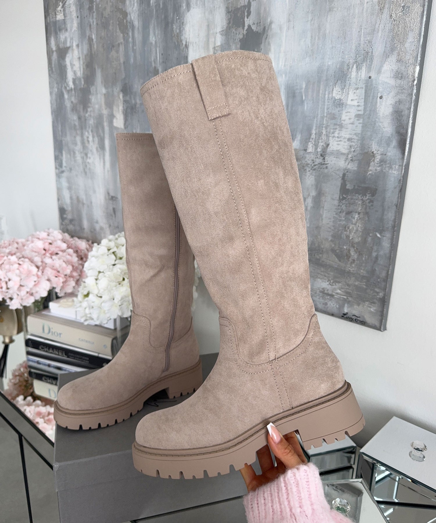 Womens Knee High Boots  Beige Suede Platform Combat Style - Product example
