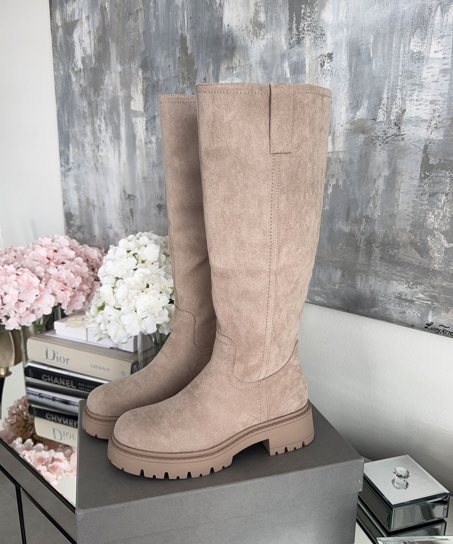 Womens Knee High Boots  Beige Suede Platform Combat Style - Product detail 5