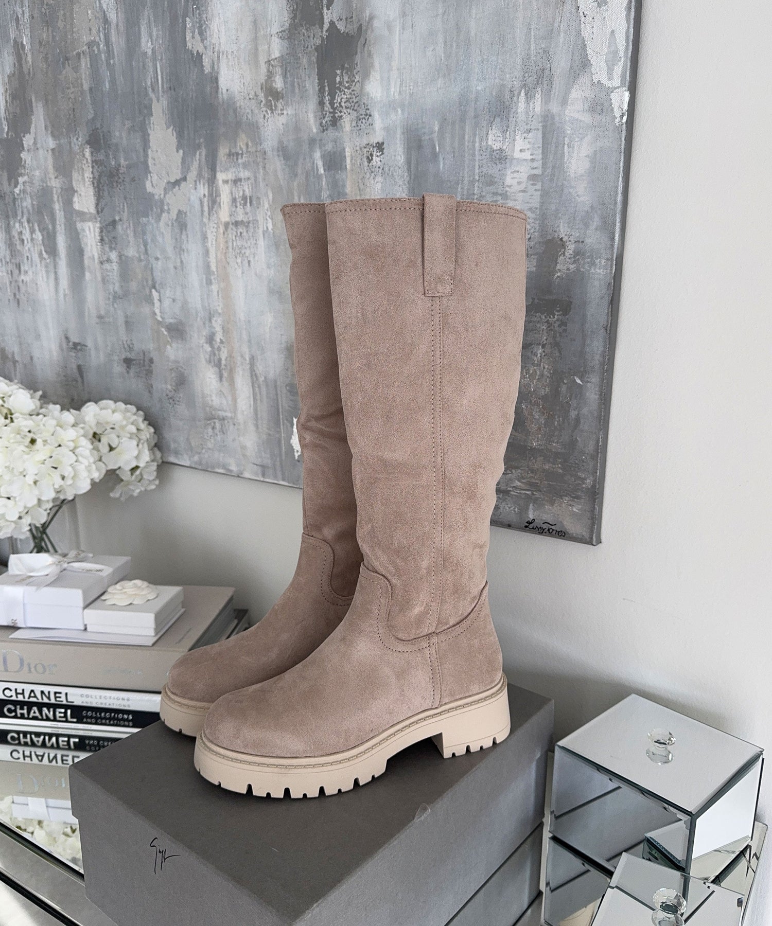 Womens Knee High Boots  Beige Suede Platform Combat Style - Product detail 8