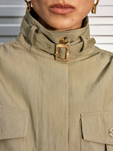 Cotton Blend Cropped Jacket  Belted Collar Long Sleeve - Product detail 4