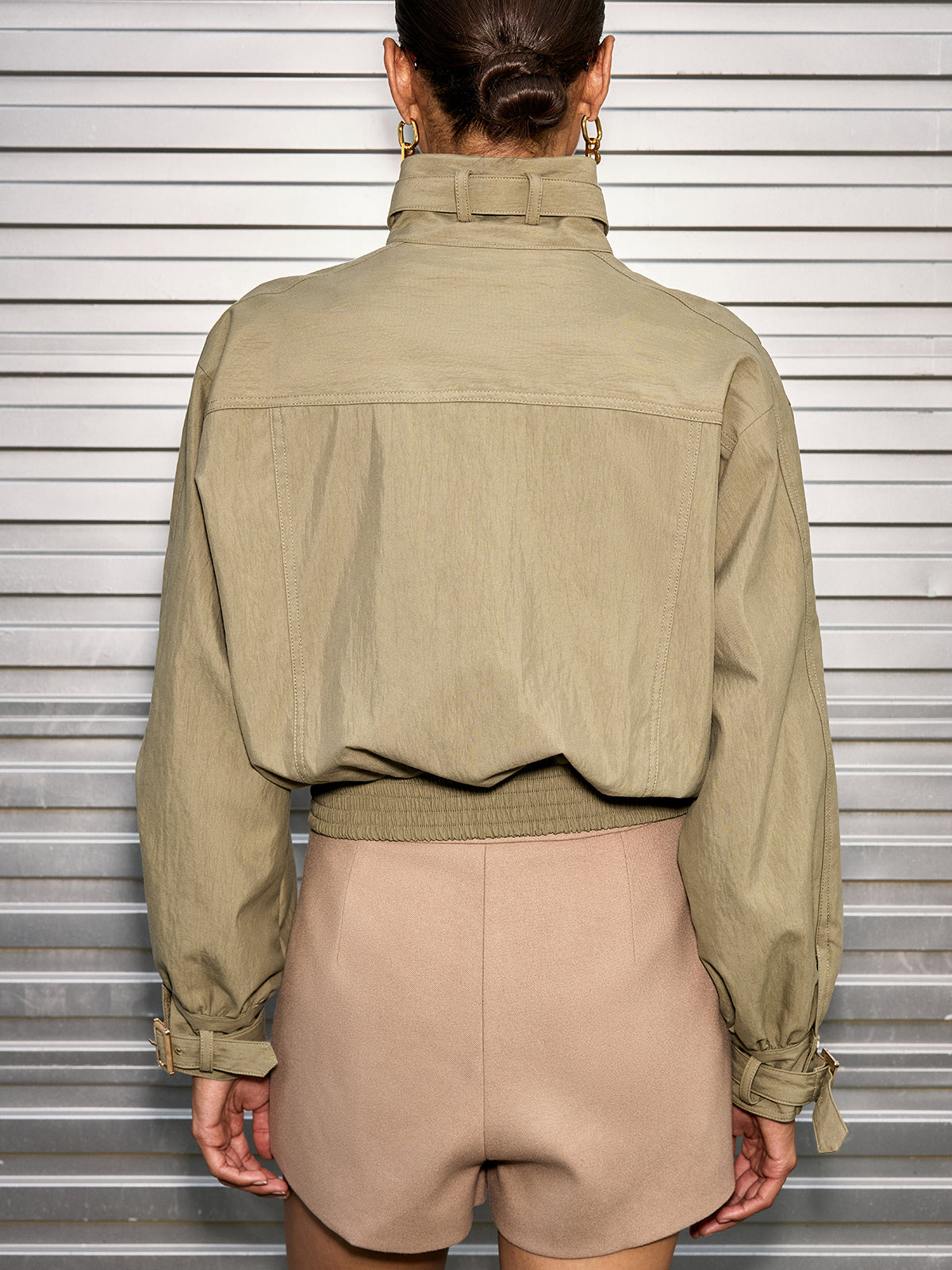 Cotton Blend Cropped Jacket  Belted Collar Long Sleeve - Product detail 5