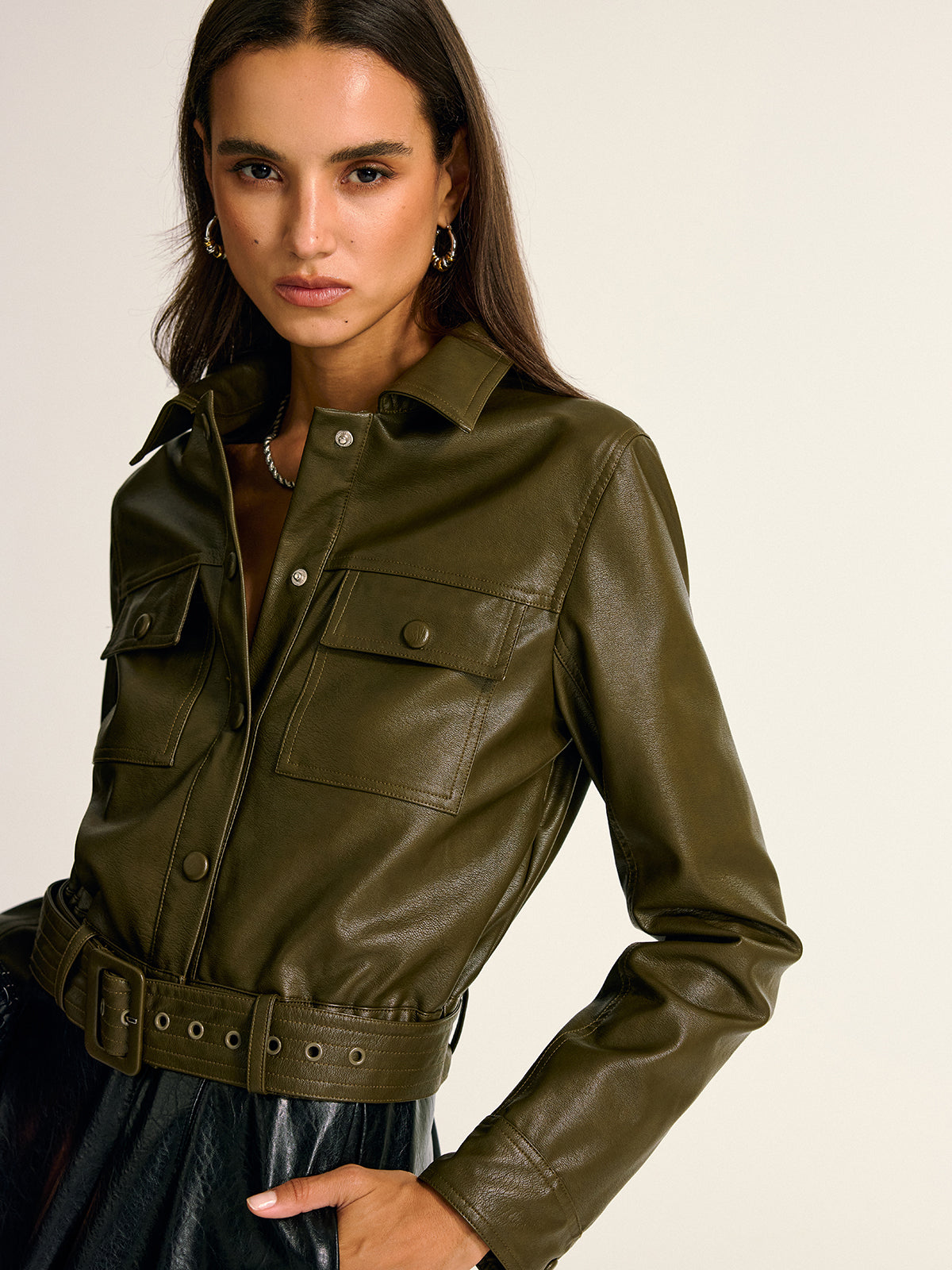 Faux Leather Cargo Shirt Jacket  Belted Military Style - Product detail 4