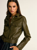 Faux Leather Cargo Shirt Jacket  Belted Military Style - Product detail 4