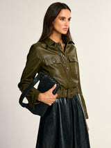 Faux Leather Cargo Shirt Jacket  Belted Military Style - Product detail 5