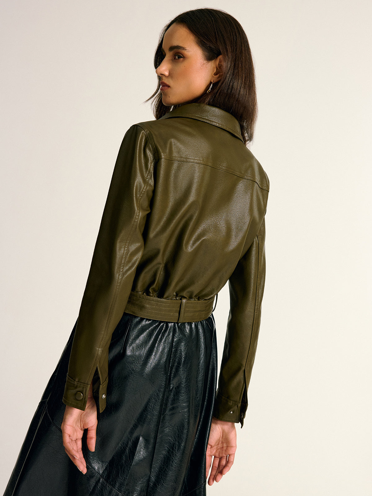 Faux Leather Cargo Shirt Jacket  Belted Military Style - Product detail 6