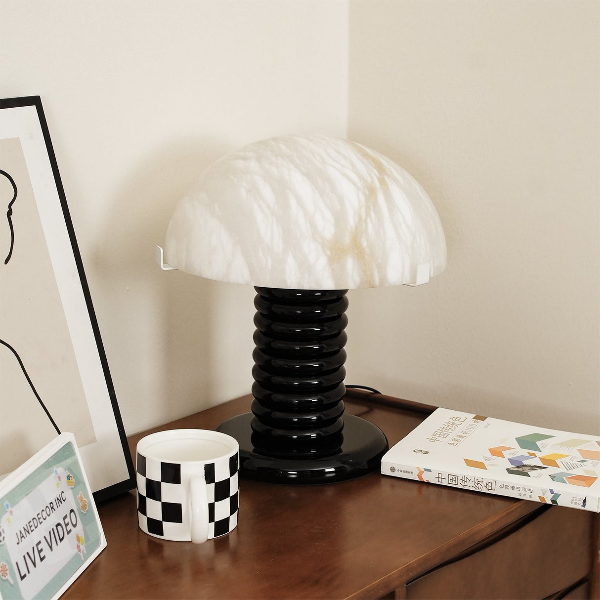 Modern Alabaster Table Lamp  Black Ribbed Base Design - Product detail 6