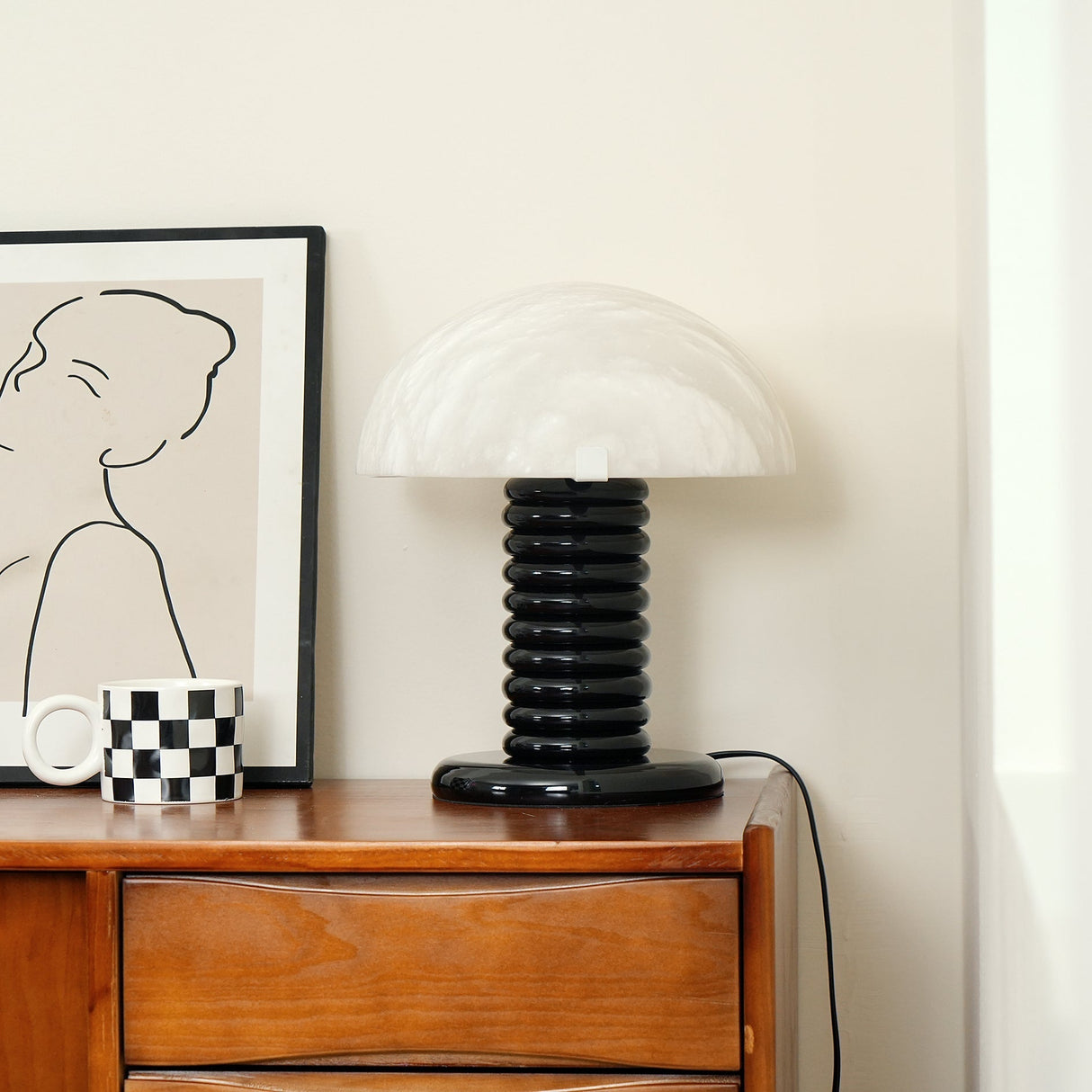 Modern Alabaster Table Lamp  Black Ribbed Base Design - Detailed view