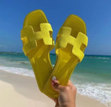Designer Flat Sandals  White Leather H-Pattern Slides - Product detail 5
