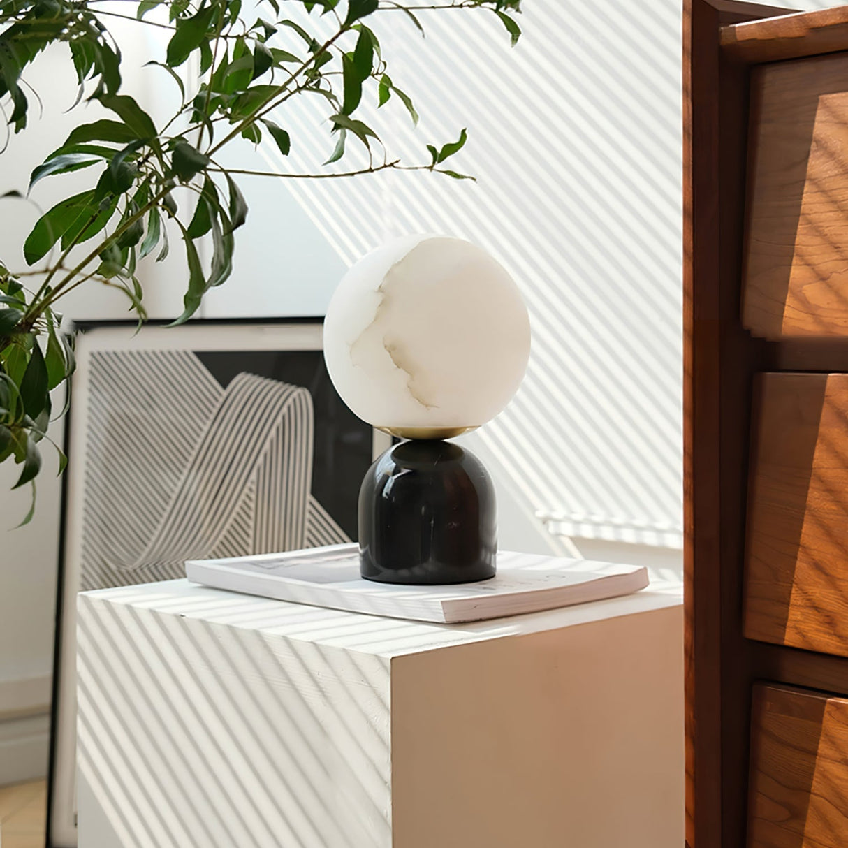Modern Table Lamp  Alabaster Globe Black Marble Base - Detailed view