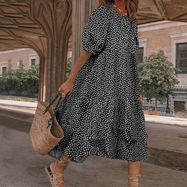 Polka Dot Midi Dress  Puff Sleeve Summer Style - Product showcase