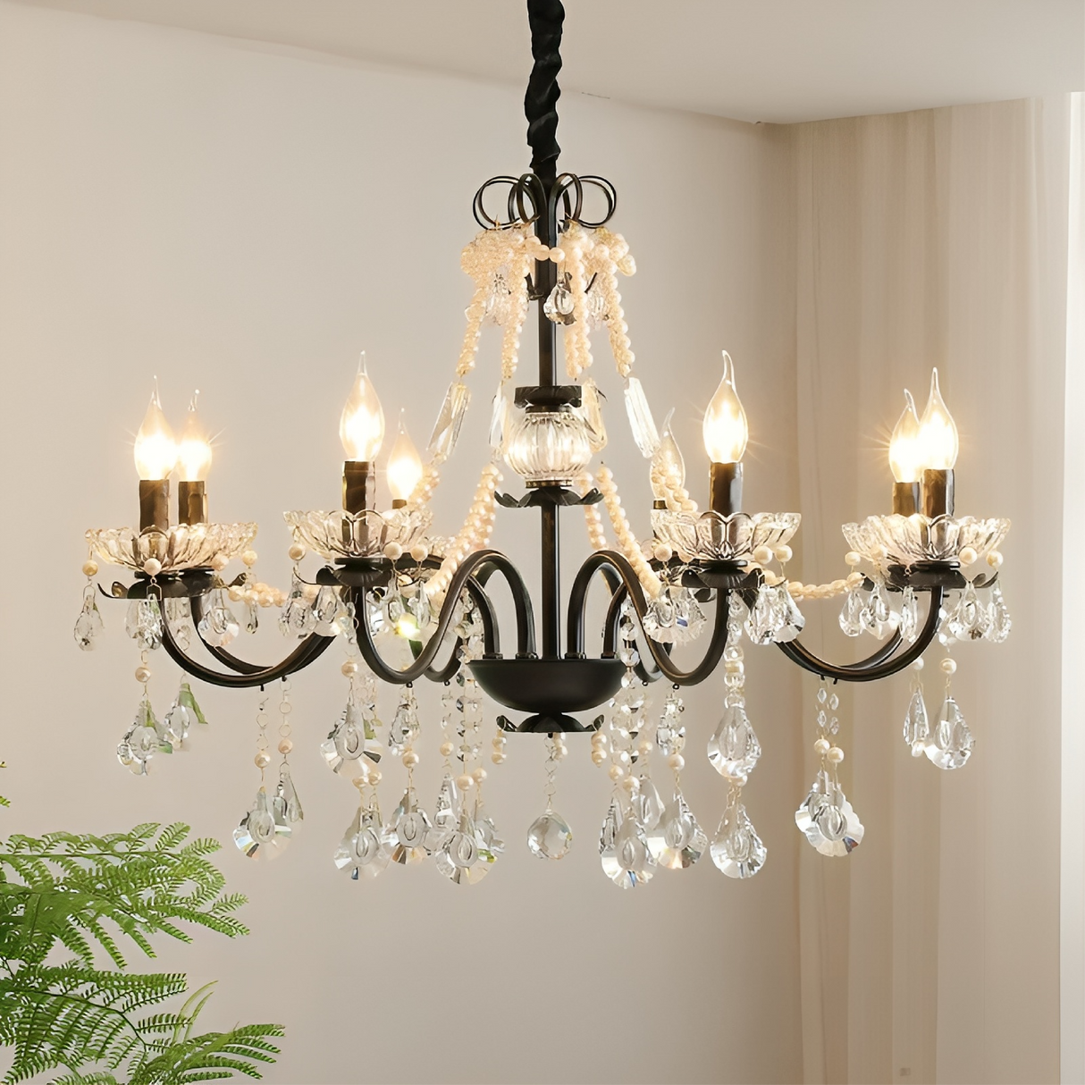 French Crystal Chandelier  Black Metal Frame With Crystal Droplets - Detailed view