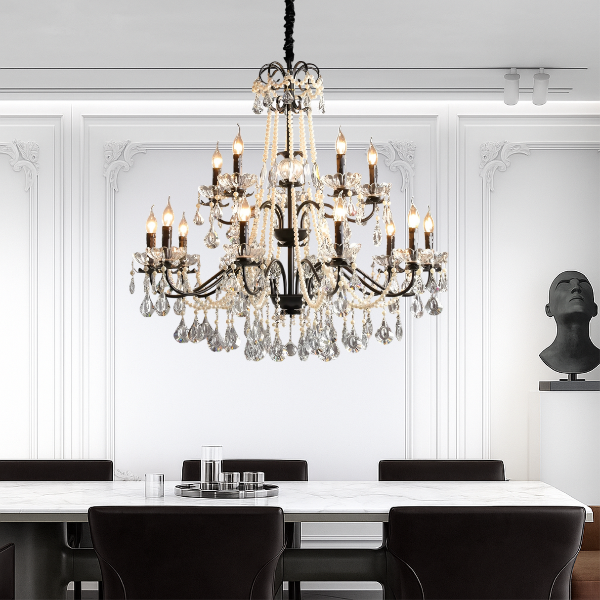 French Crystal Chandelier  Black Metal Frame With Crystal Droplets - Product example