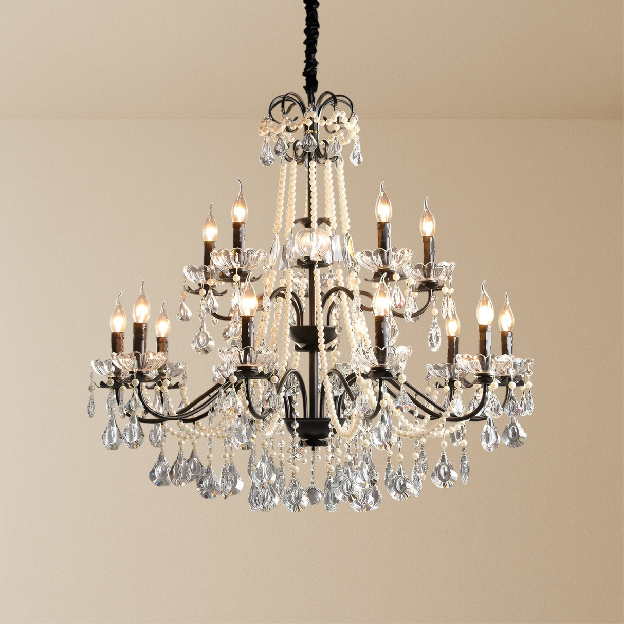 French Crystal Chandelier  Black Metal Frame With Crystal Droplets - Product detail 7