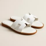 Classic H Slide Sandals  White Leather with Wooden Sole - Product showcase