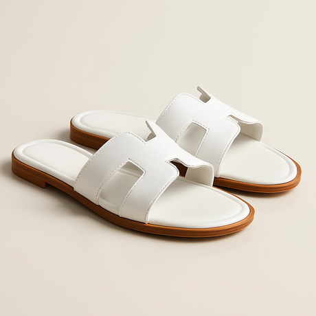 Classic H Slide Sandals  White Leather with Wooden Sole - Product showcase