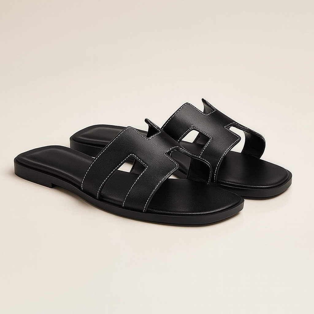 Minimalist Leather Slides  White H-Strap Design with Wood Sole - Product detail 5