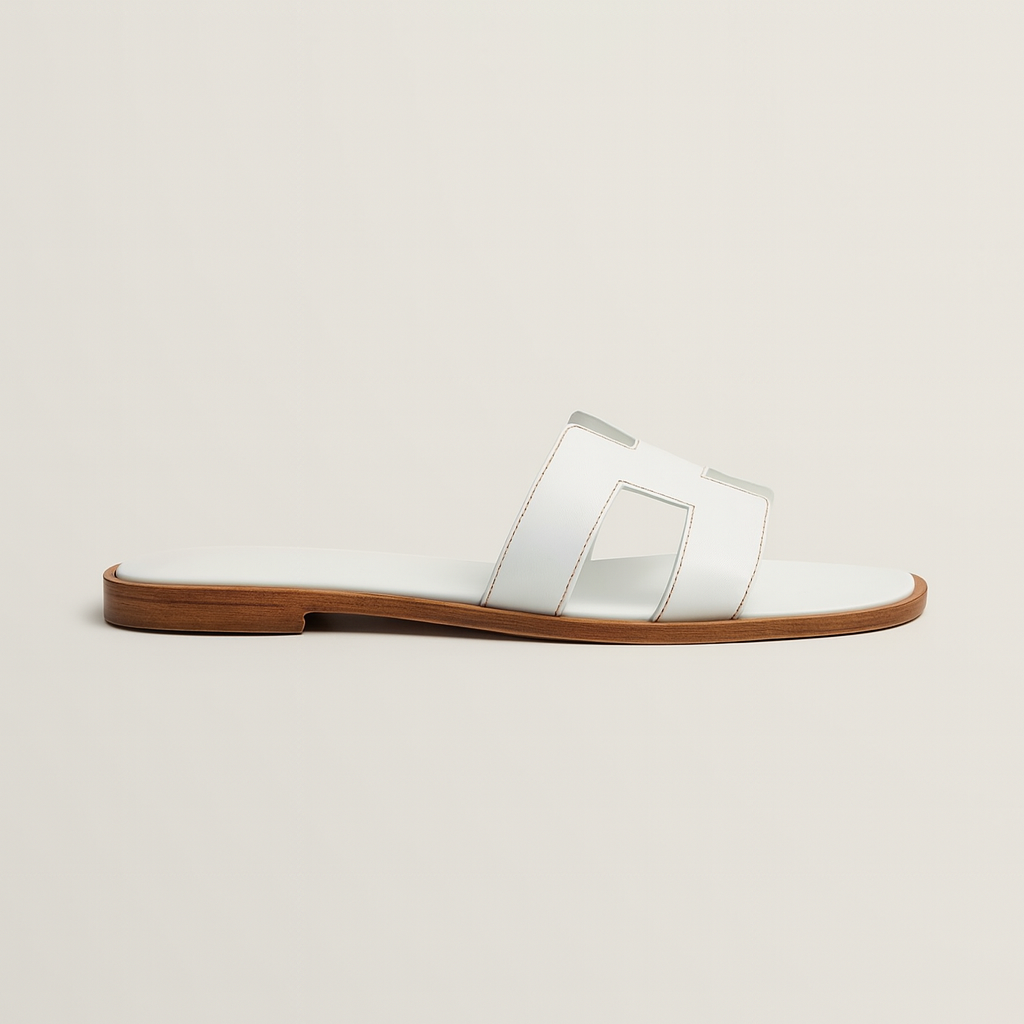 Minimalist Leather Slides  White H-Strap Design with Wood Sole - Product example