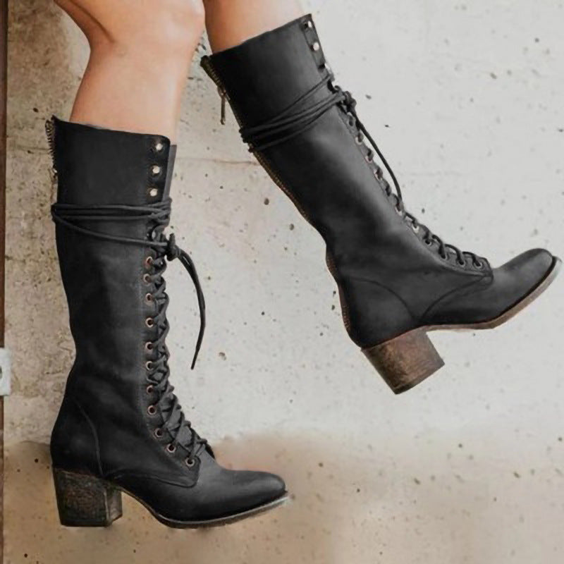 Vintage Lace Up Boots  Black Leather Knee High Chunky Heel - Product showcase