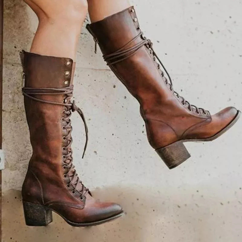 Vintage Lace Up Boots  Black Leather Knee High Chunky Heel - Detailed view