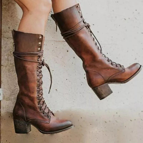 Vintage Lace Up Boots  Black Leather Knee High Chunky Heel - Detailed view