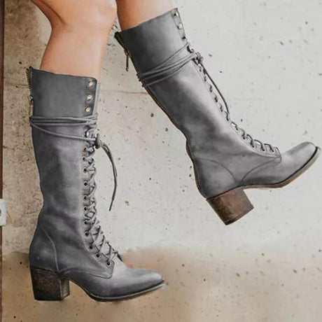 Vintage Lace Up Boots  Black Leather Knee High Chunky Heel - Product example