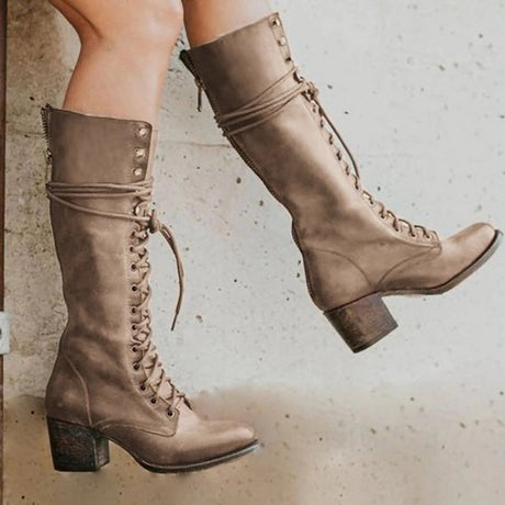 Vintage Lace Up Boots  Black Leather Knee High Chunky Heel - Product detail 4