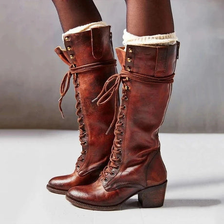 Vintage Lace Up Boots  Black Leather Knee High Chunky Heel - Product detail 5