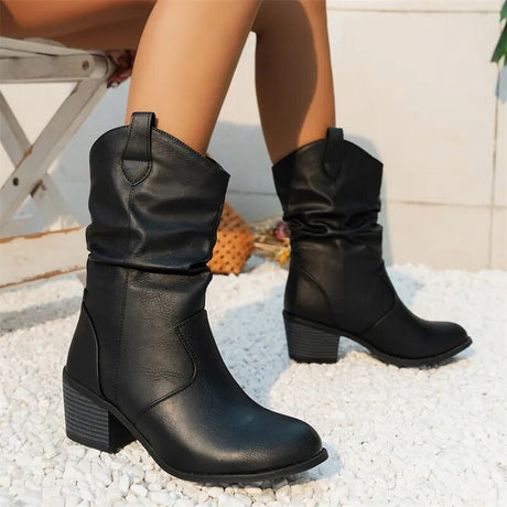 Western Leather Ankle Boots  Mid Heel Slouch Design - Product showcase