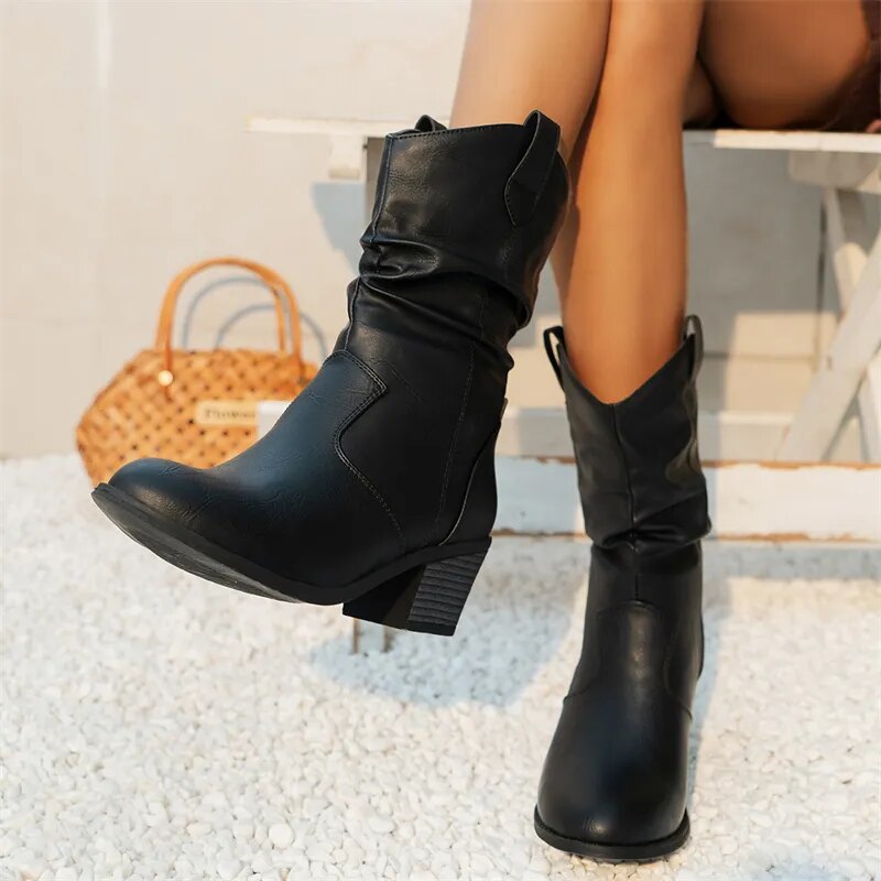 Western Leather Ankle Boots  Mid Heel Slouch Design - Product example