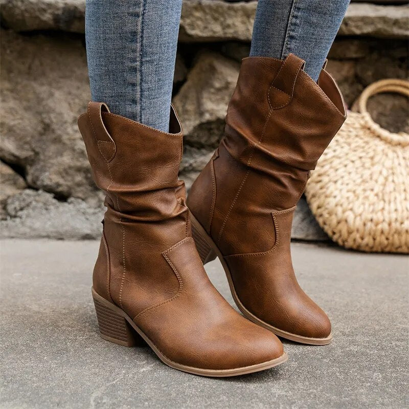 Western Leather Ankle Boots  Mid Heel Slouch Design - Product detail 5