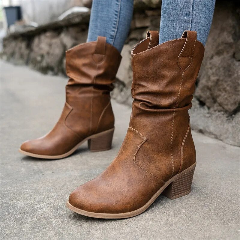 Western Leather Ankle Boots  Mid Heel Slouch Design - Product detail 6