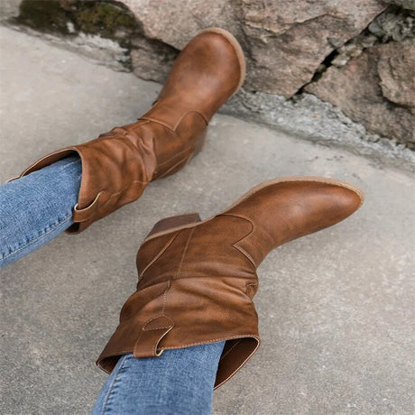 Western Leather Ankle Boots  Mid Heel Slouch Design - Product detail 7
